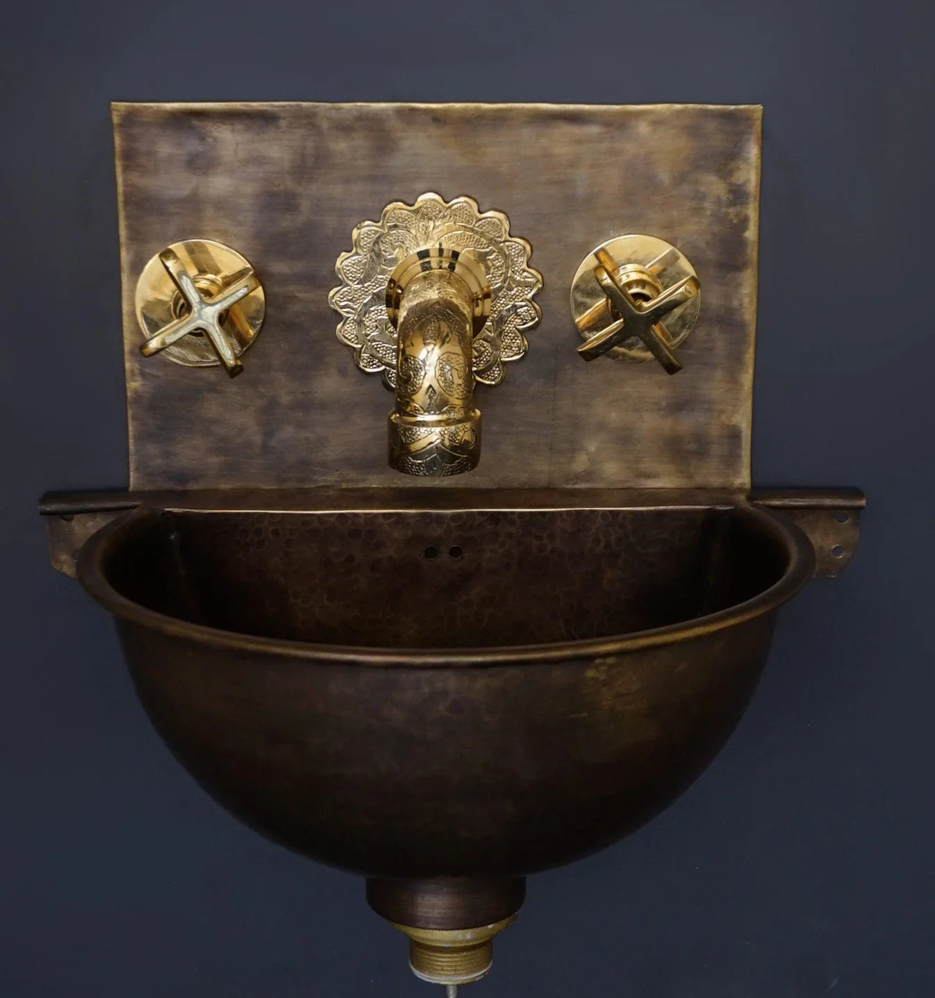 Antique Brass Wall Mount Sink with Brass Mixer Faucet – Vintage Bathroom Fixture