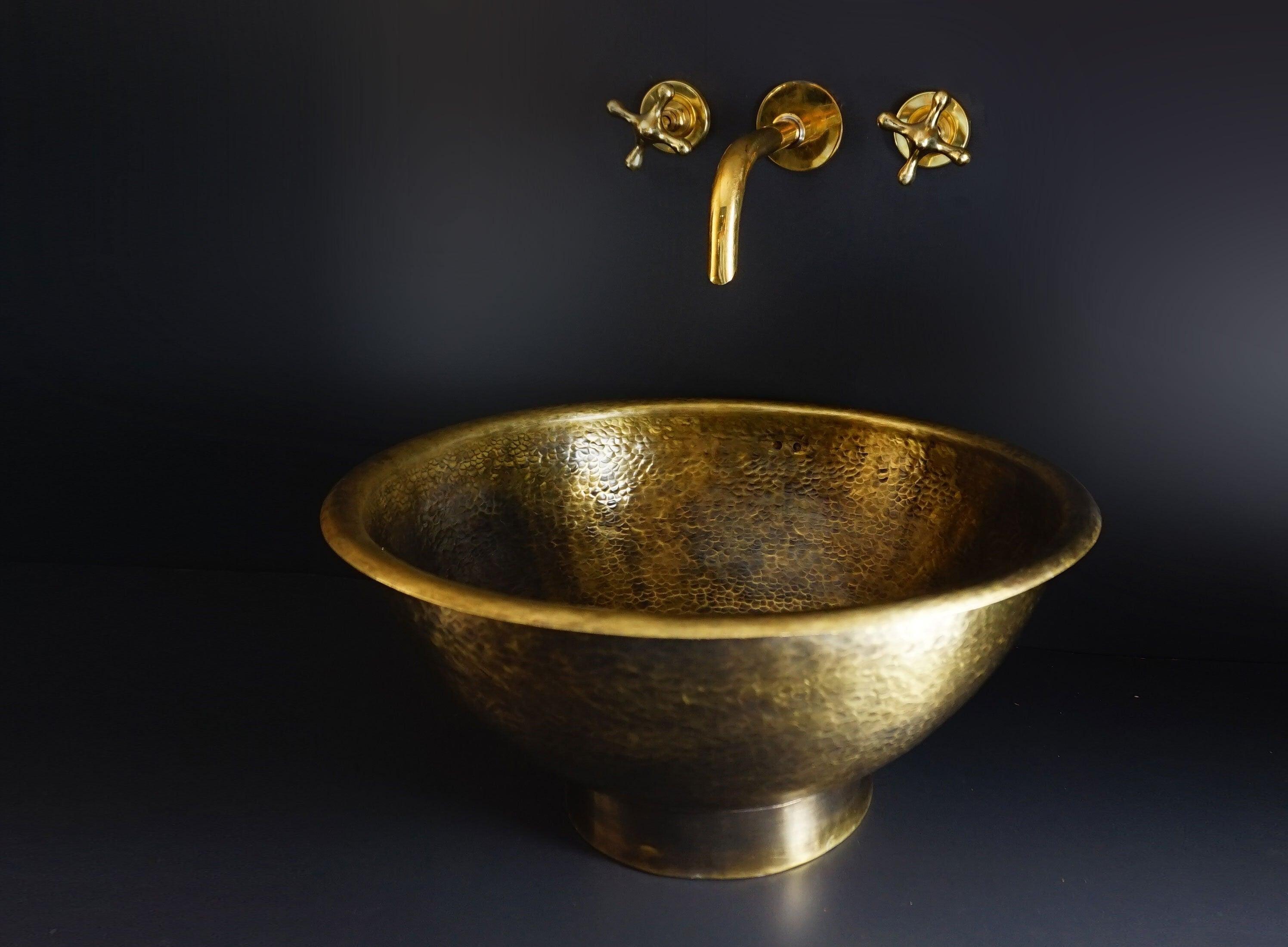 Antique Hammered Brass Vessel Sink – Top Mount Bathroom Vanity, Handcrafted Brass Sink