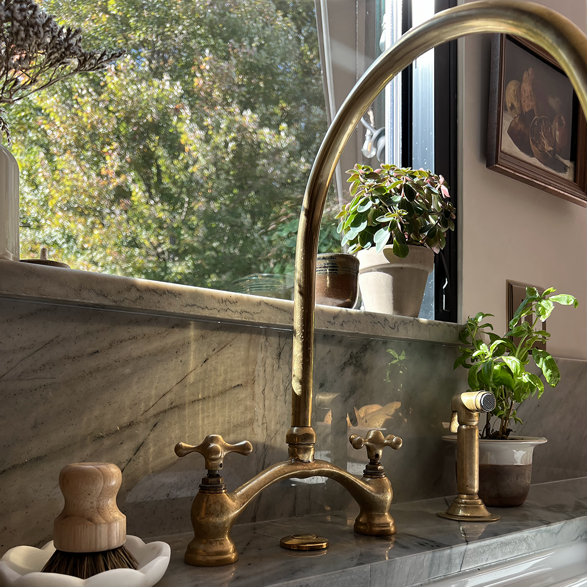 Arched Bridge Unlacquered Brass Kitchen Faucet with Sprayer – Vintage Farmhouse Sink Faucet with Cross Handles