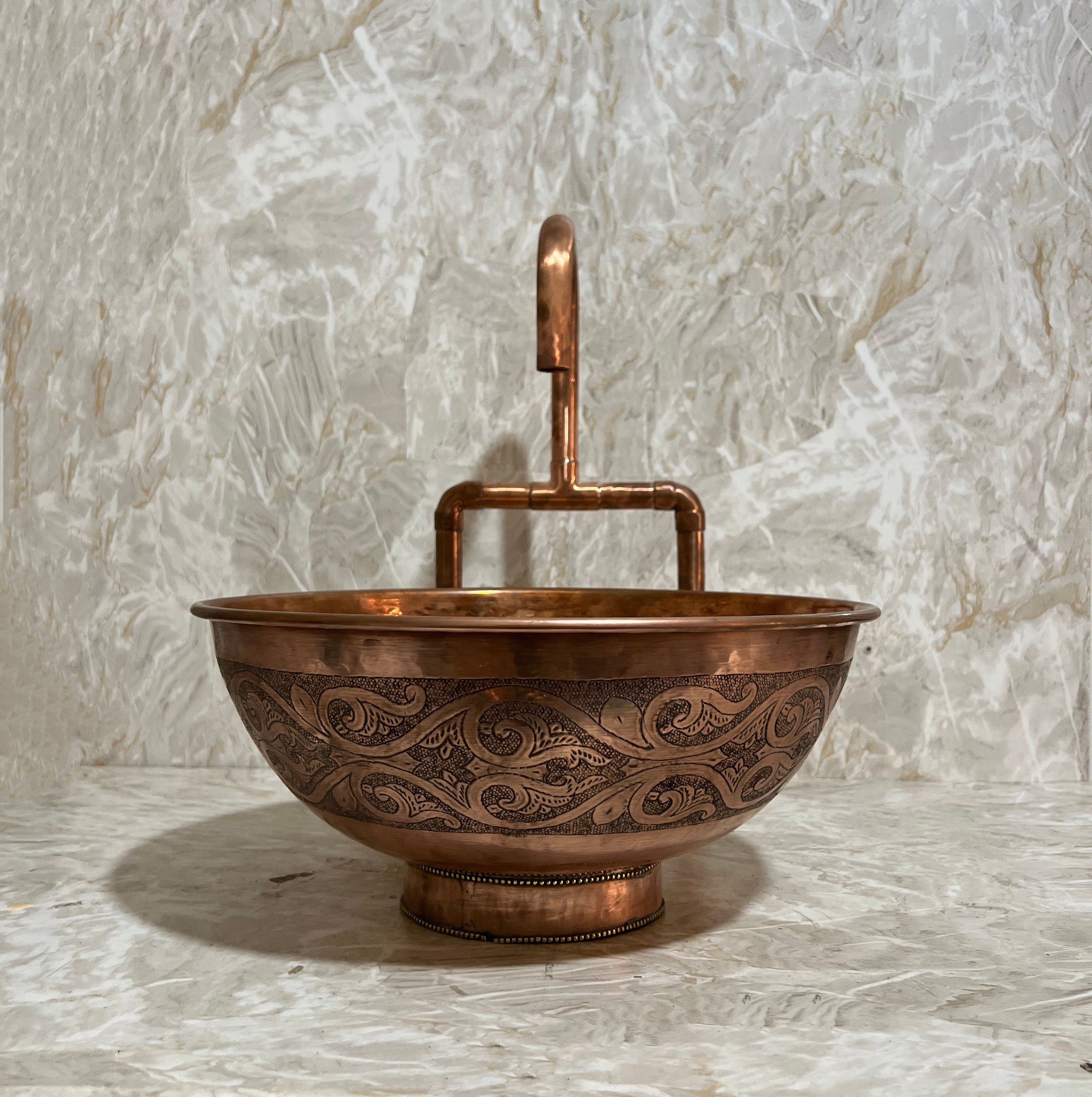 Artisanal Copper Vessel Sink – Handcrafted Engraved Antique Copper Sink for Bathroom