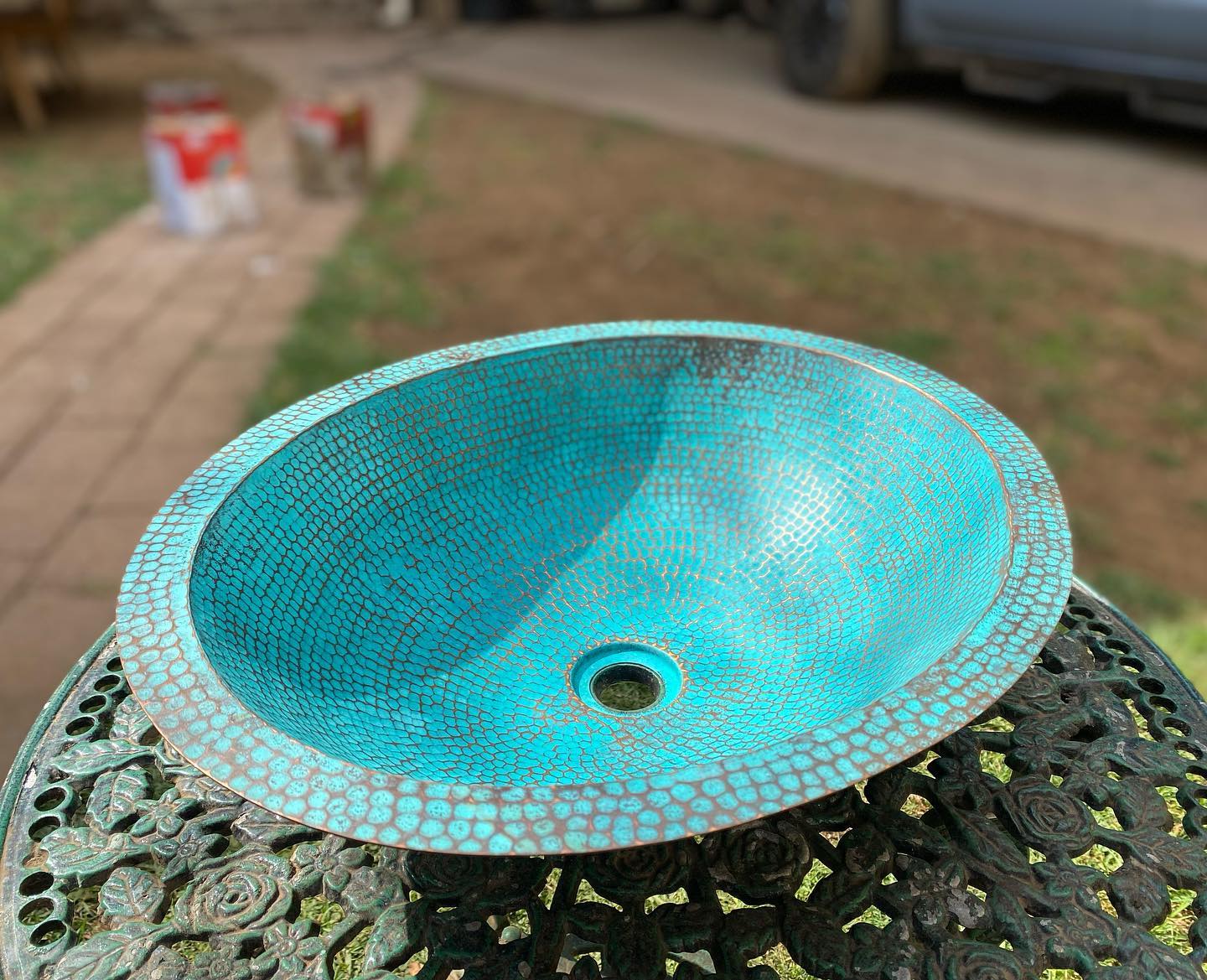 Antique Turquoise Weathered Copper Basin Bathroom Sink – Handcrafted Vessel Sink with Engraved Design