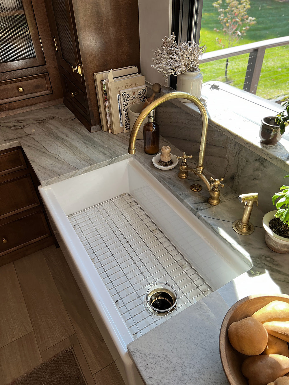 Arched Bridge Unlacquered Brass Kitchen Faucet with Sprayer – Vintage Farmhouse Sink Faucet with Cross Handles