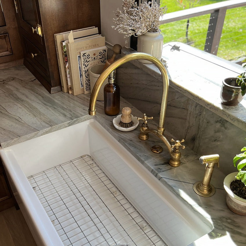 Arched Bridge Unlacquered Brass Kitchen Faucet with Sprayer – Vintage Farmhouse Sink Faucet with Cross Handles