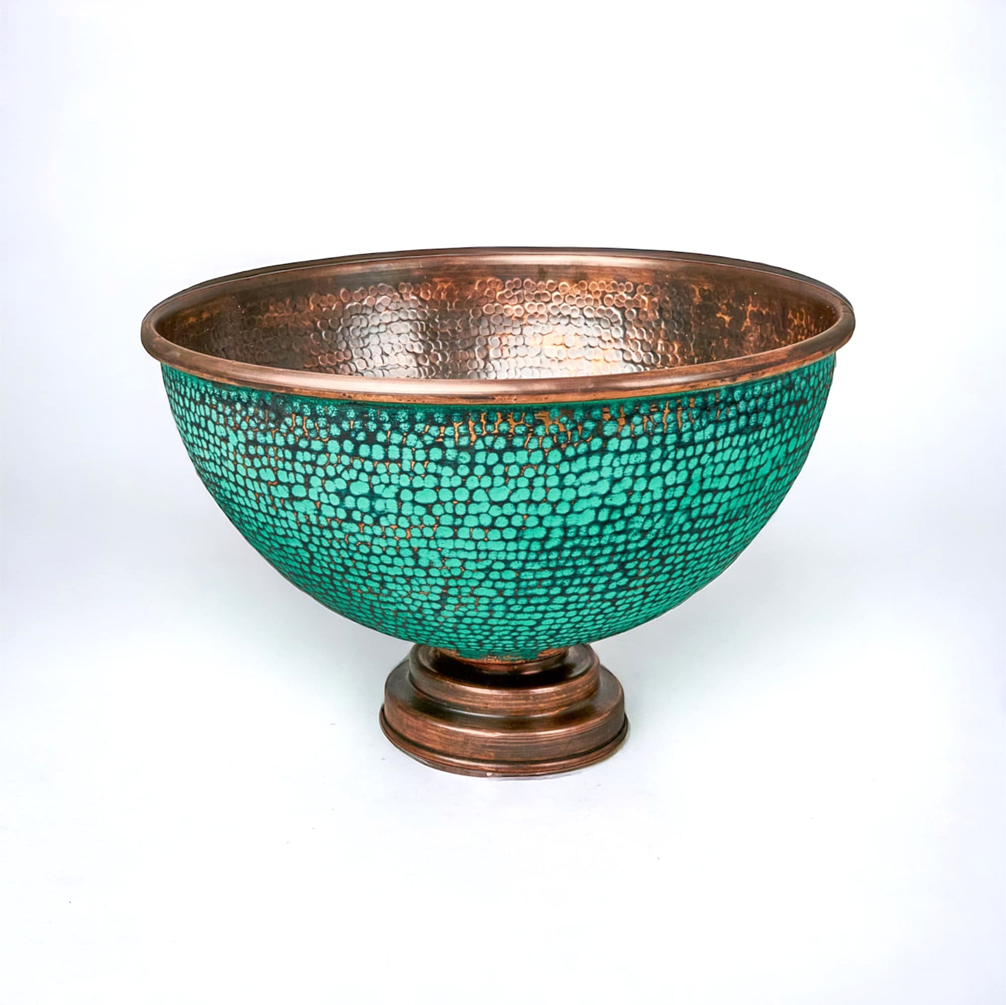 Handcrafted Hammered Copper Sink Vessel – Green Patina Round Countertop Basin
