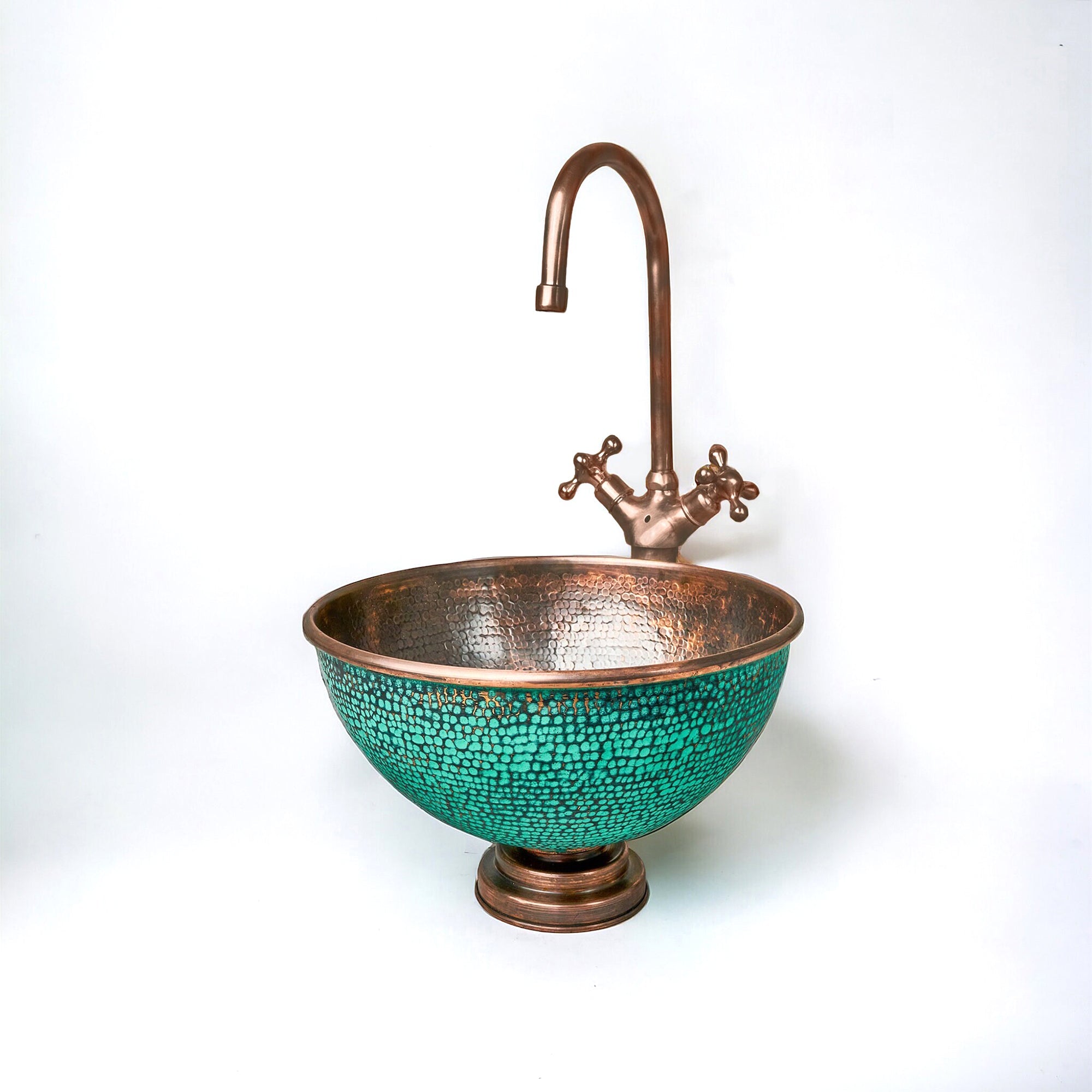 Handcrafted Hammered Copper Sink Vessel – Green Patina Round Countertop Basin
