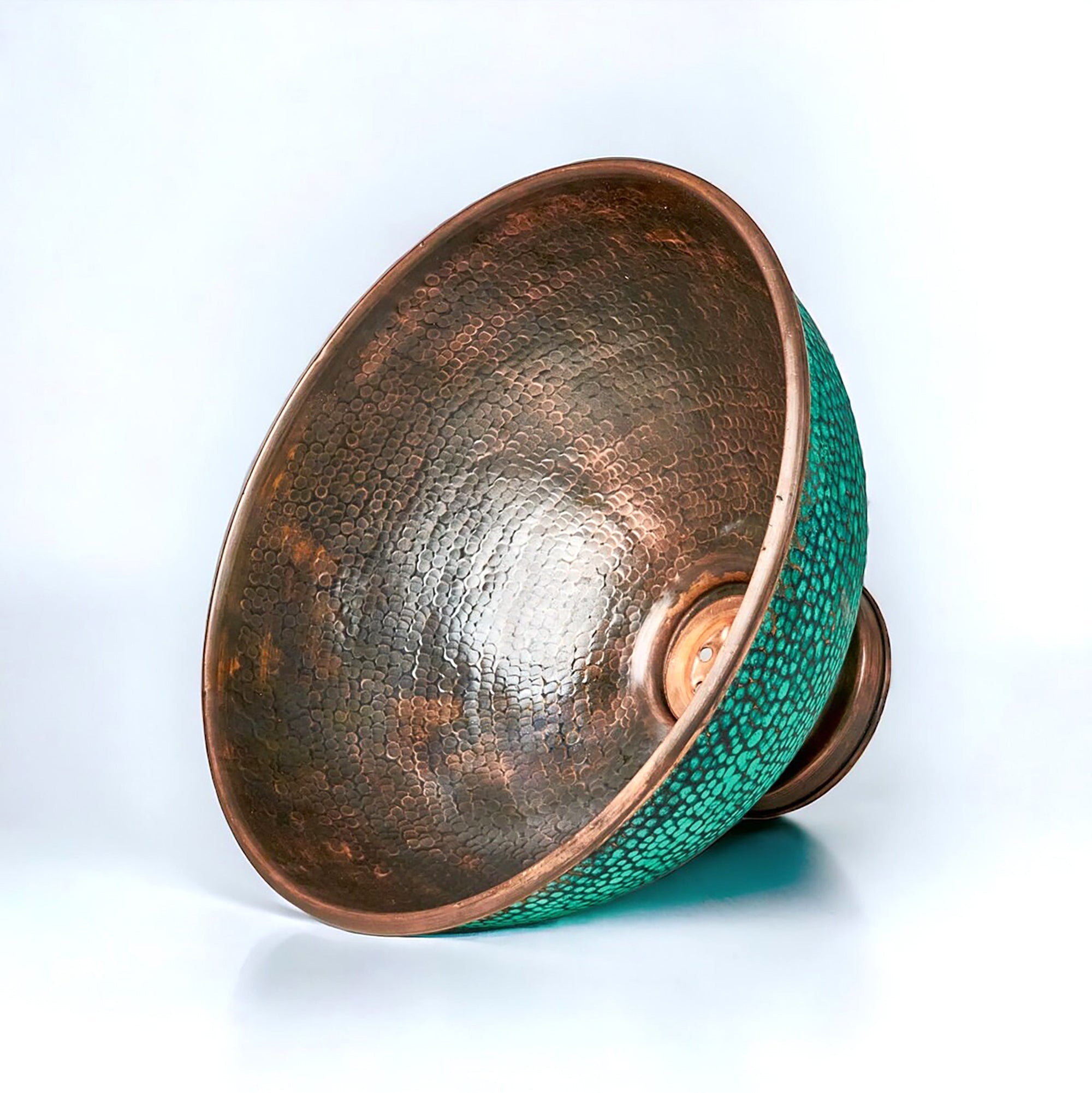 Handcrafted Hammered Copper Sink Vessel – Green Patina Round Countertop Basin