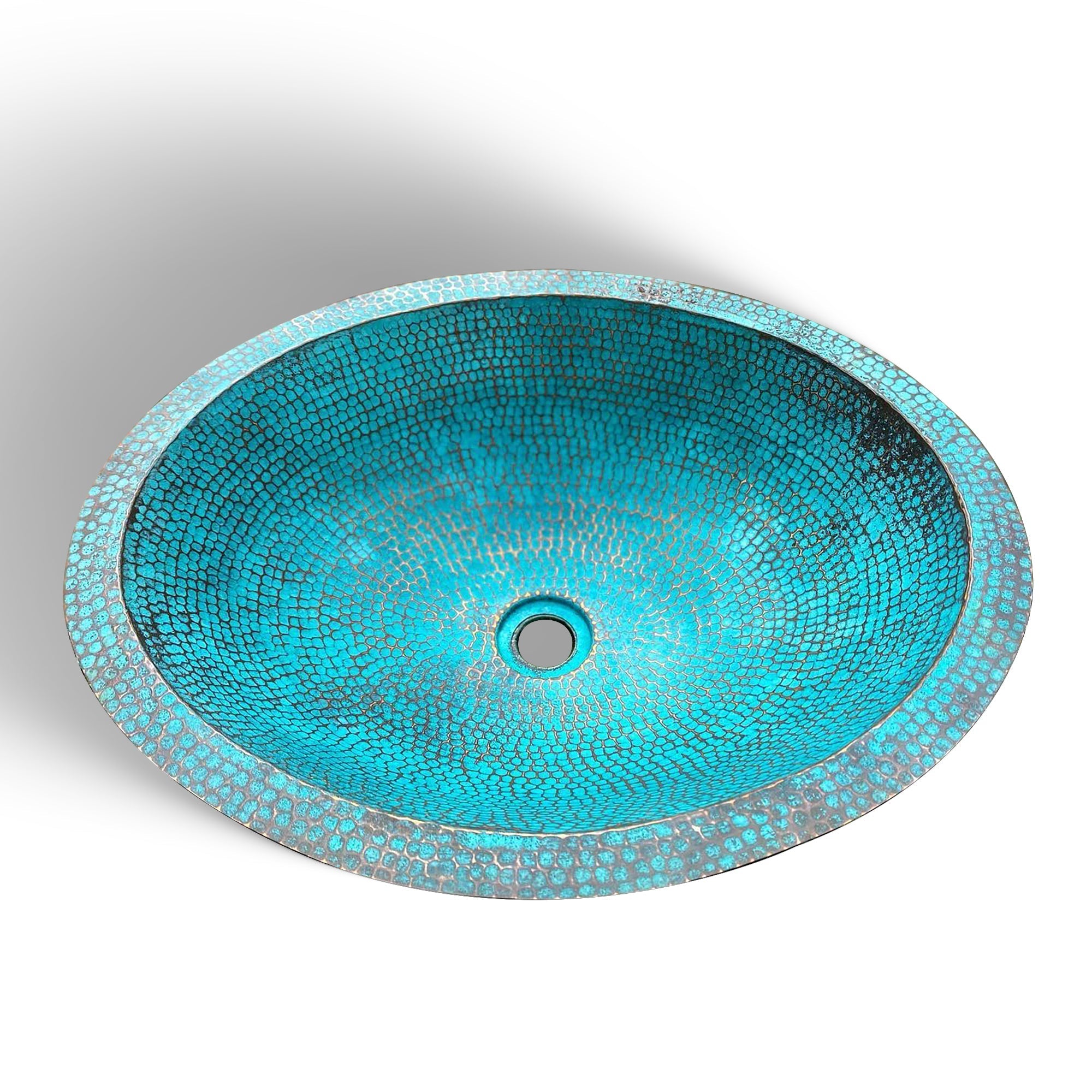 Antique Turquoise Weathered Copper Basin Bathroom Sink – Handcrafted Vessel Sink with Engraved Design
