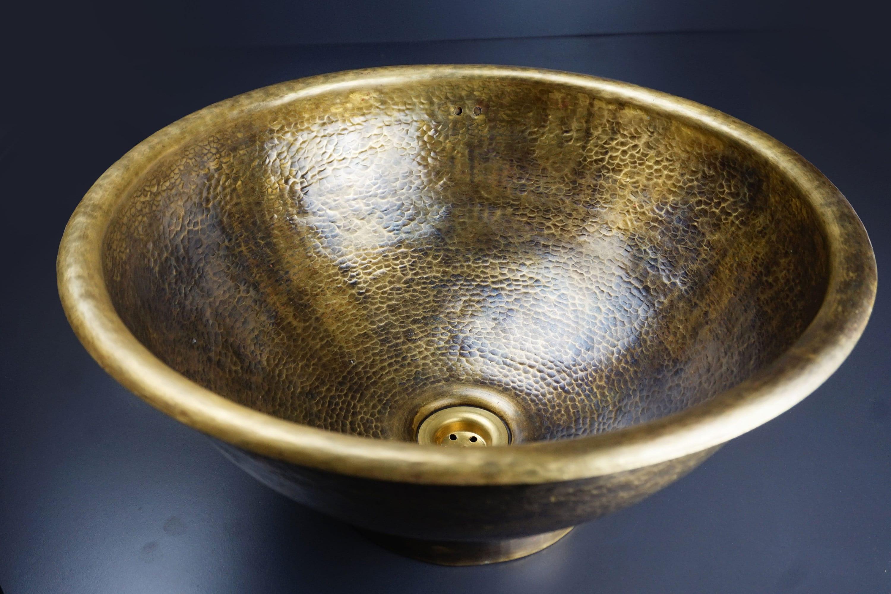 Antique Hammered Brass Vessel Sink – Top Mount Bathroom Vanity, Handcrafted Brass Sink