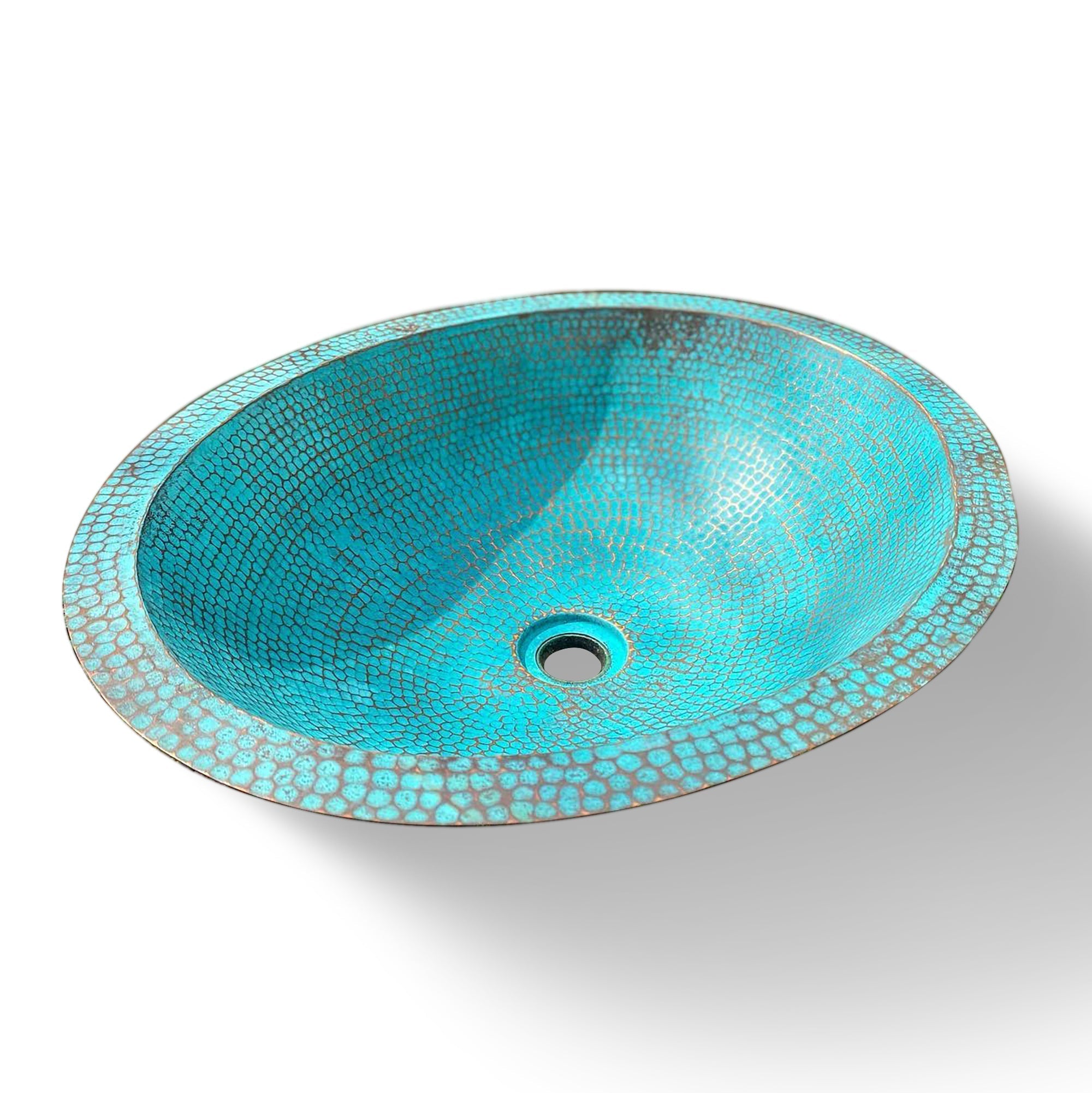 Antique Turquoise Weathered Copper Basin Bathroom Sink – Handcrafted Vessel Sink with Engraved Design