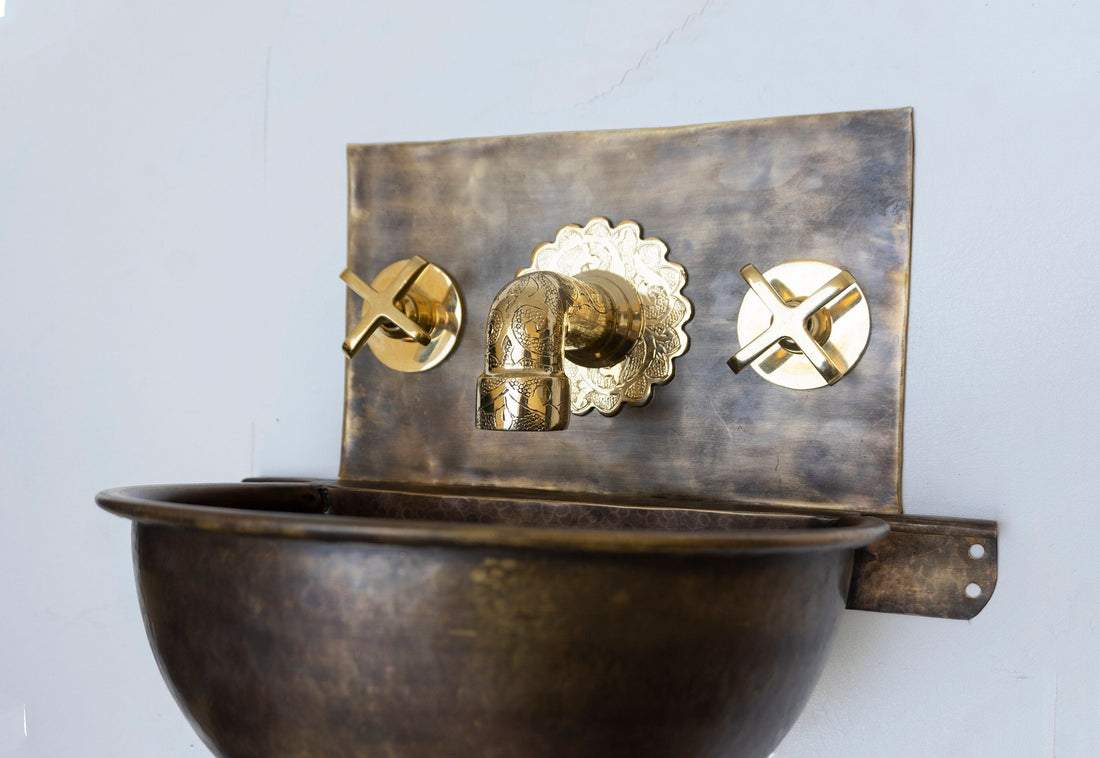 Antique Brass Wall Mount Sink with Brass Mixer Faucet – Vintage Bathroom Fixture