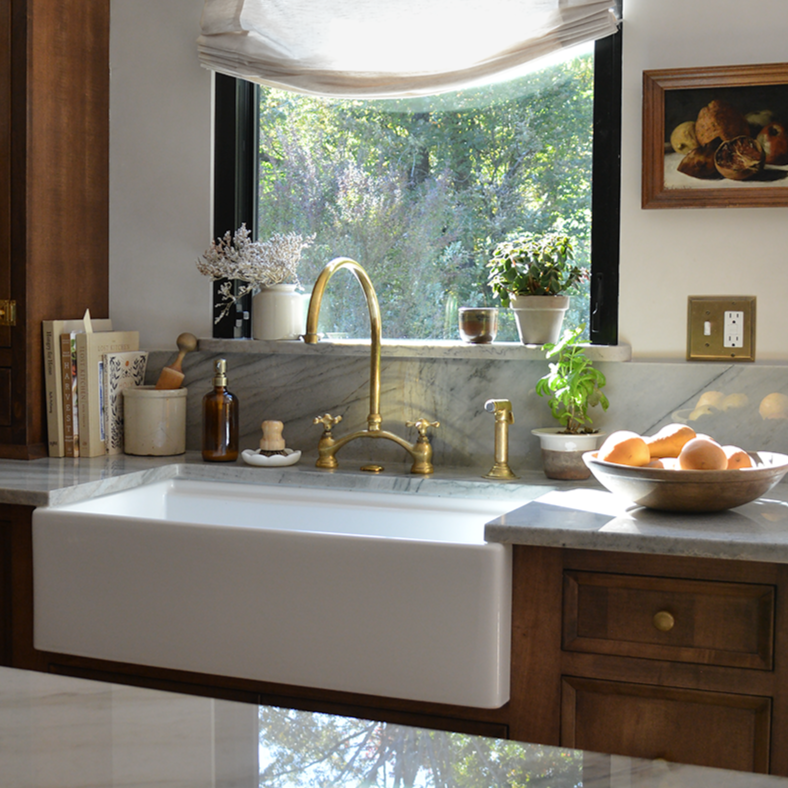 Arched Bridge Unlacquered Brass Kitchen Faucet with Sprayer – Vintage Farmhouse Sink Faucet with Cross Handles
