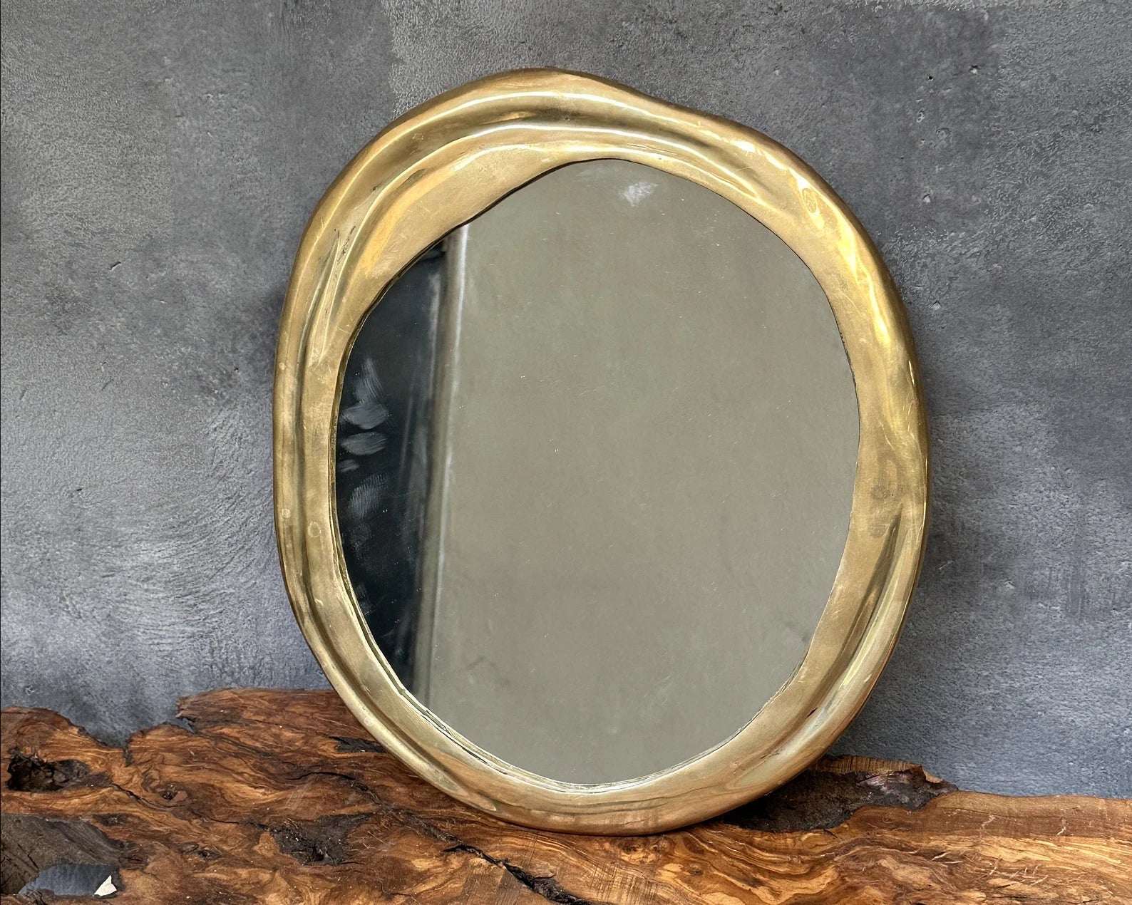 Handcrafted Unlacquered Brass Hanging Mirror
